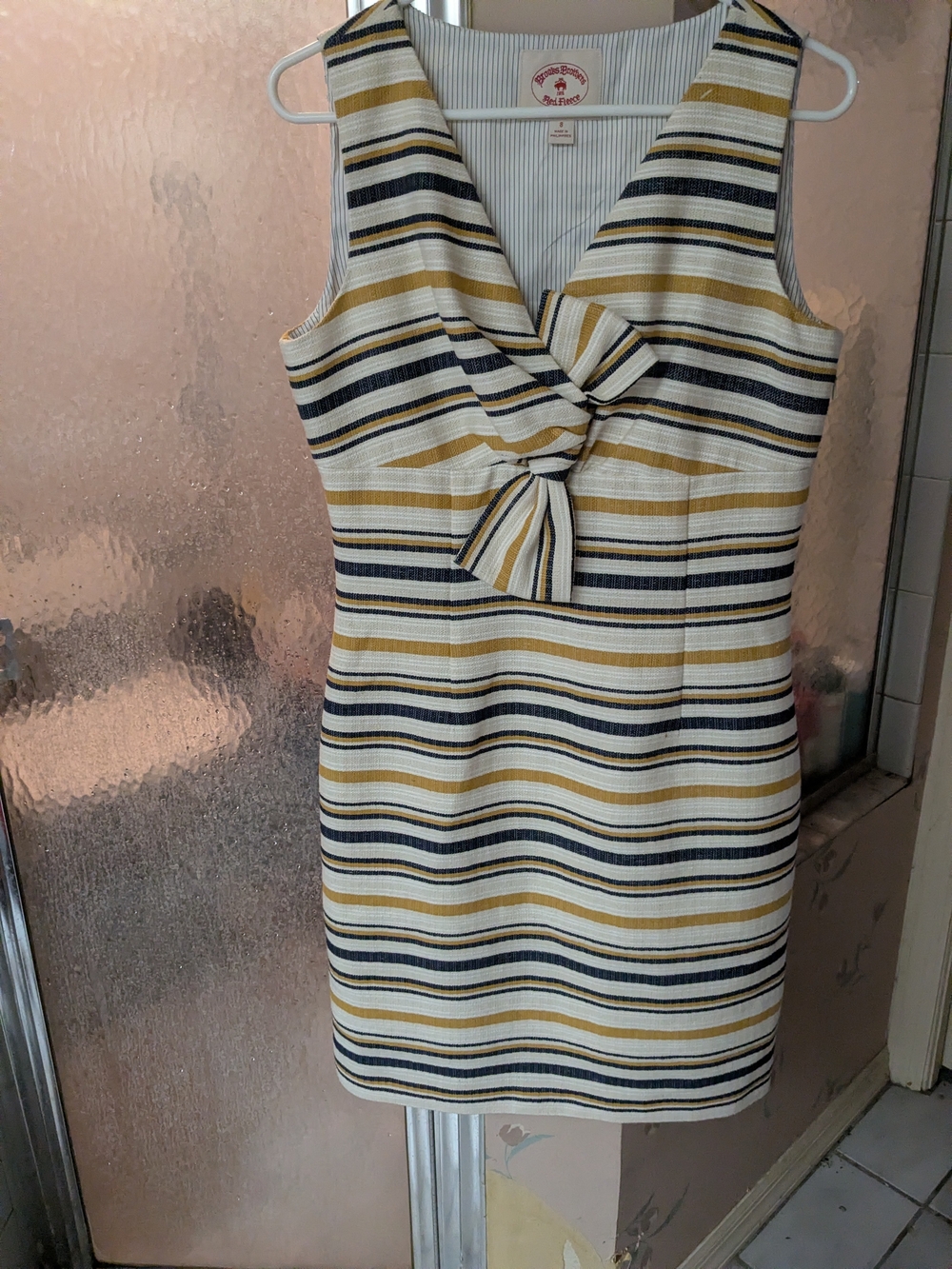 Vintage Brooks Brothers Yellow, Cream & Navy Striped Knot-Front Dress Size 8